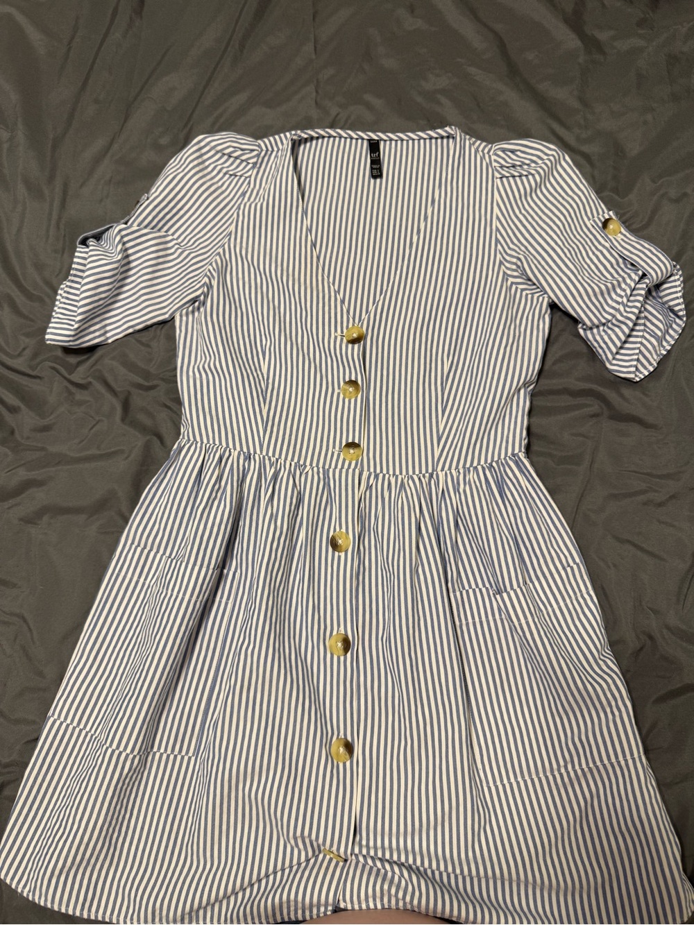 Zara Blue and White Striped Mini Dress with Gold Buttons